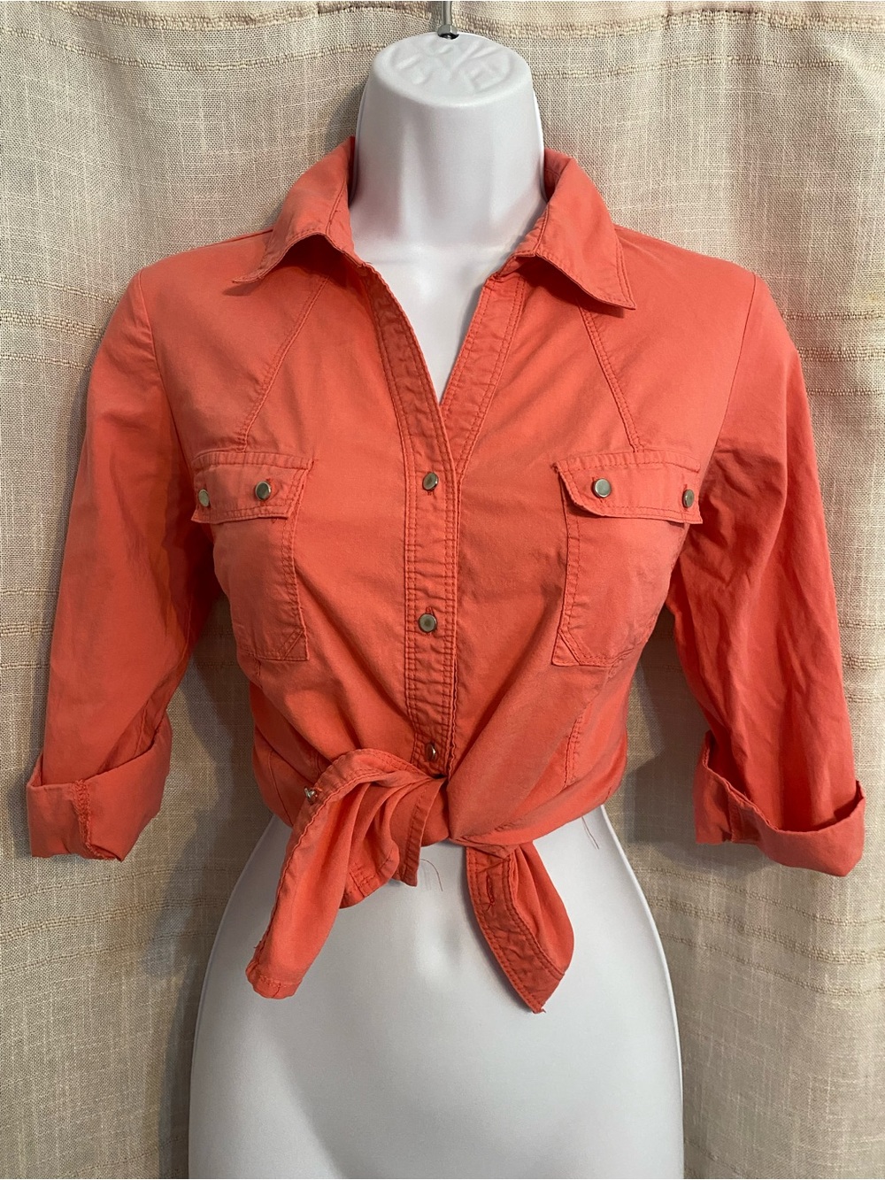 Zac & Rachel Petite Coral Roll Tab Sleeve Tie Front Button Up PM